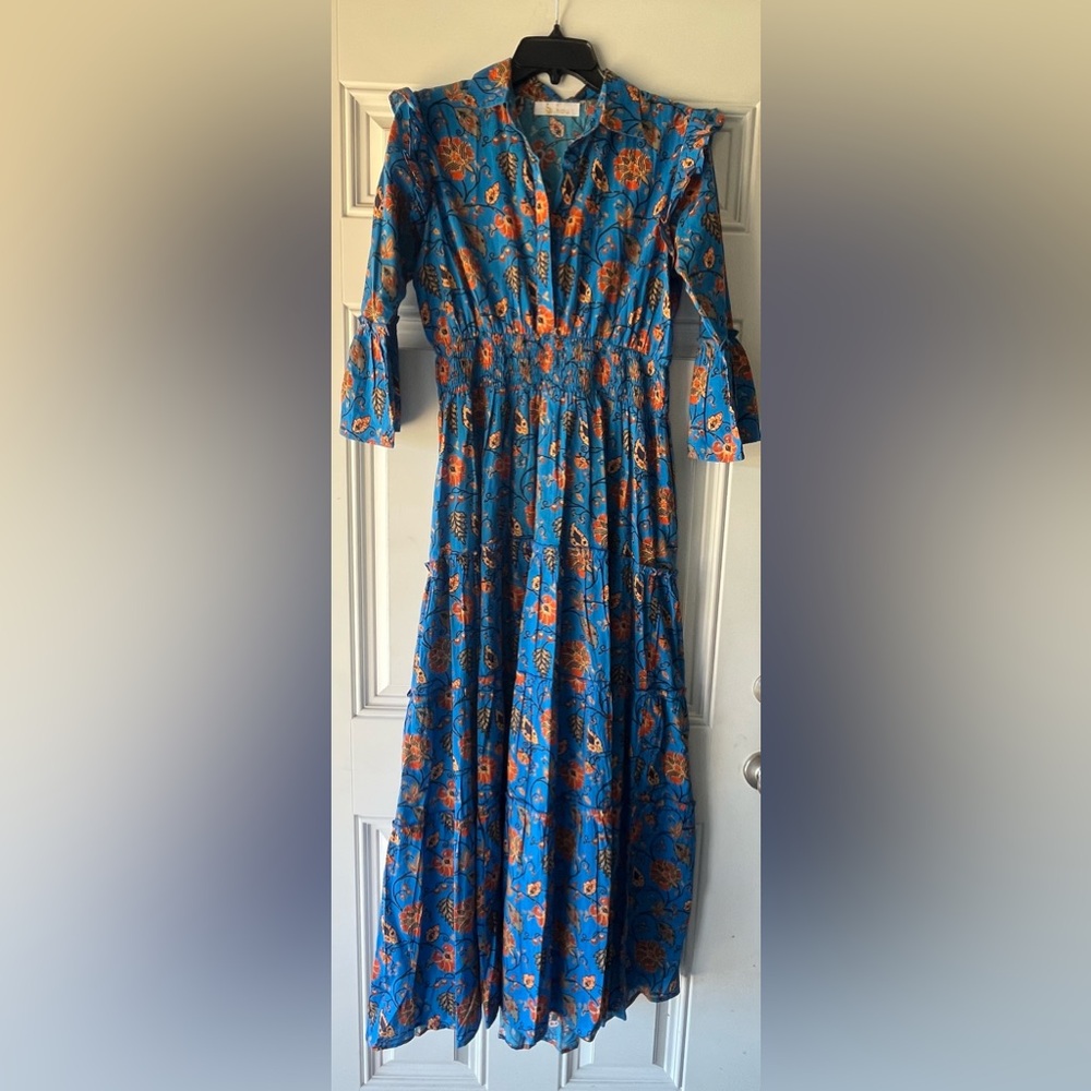 BINDU 100% cotton paula tiered maxi dress in cobalt blue size small women’s - Picture 4 of 8